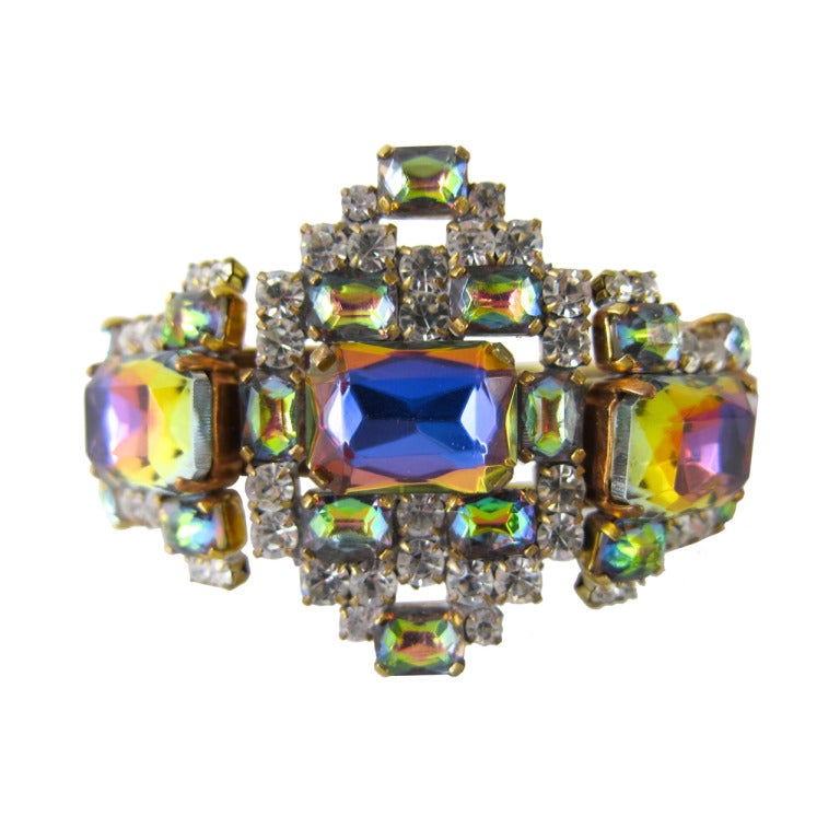 Night Rainbow Bejeweled  Prong Set Stones  Clamper Bracelet For Sale