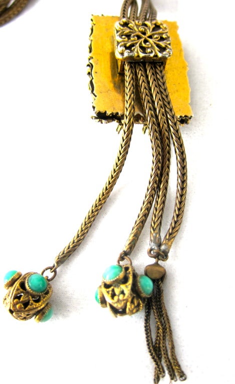 1940 Ornate Baroque Filigree Green Stone & Pearl Slide Necklace