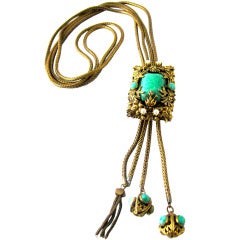 1940 Ornate Baroque Filigree Green Stone & Pearl Slide Necklace