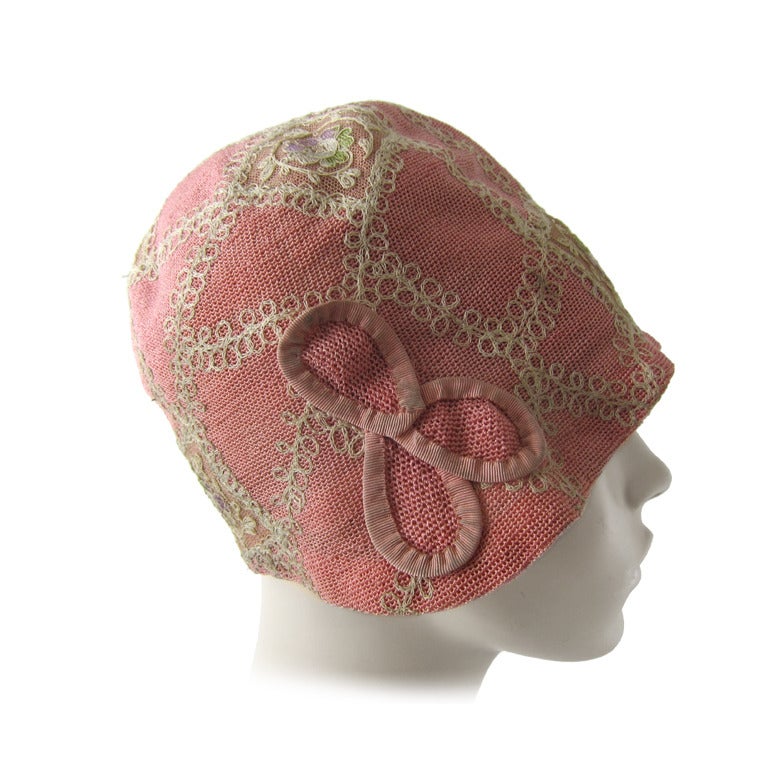 1920's Art Deco Flapper Pink embroidered Cloche Hat Blossom Hats Paris New York For Sale