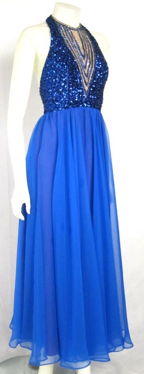 1960s 70s Blue Sequin Chiffon Open Back Halter Formal Long Dress In Excellent Condition For Sale In San Francisco, CA