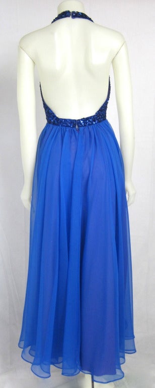 Women's 1960s 70s Blue Sequin Chiffon Open Back Halter Formal Long Dress For Sale