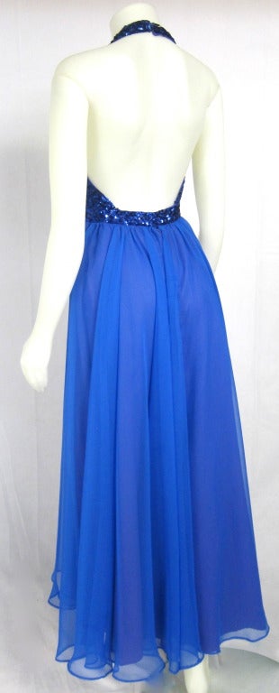 1960s 70s Blue Sequin Chiffon Open Back Halter Formal Long Dress For Sale 1
