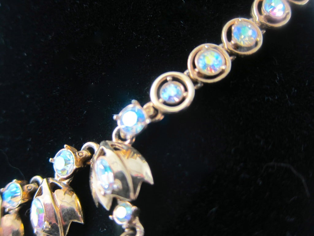 1950s Lilly Of The Valley Gold Tone & Rainbow Iridescent Crystal Dangle Evening Neclace For Sale 1