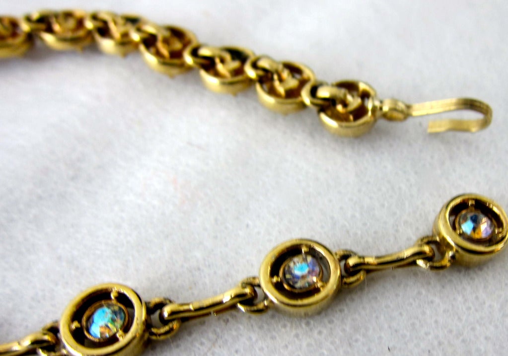 1950s Lilly Of The Valley Gold Tone & Rainbow Iridescent Crystal Dangle Evening Neclace For Sale 2