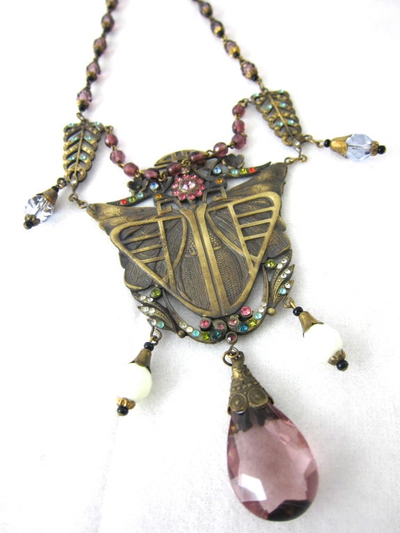 Art Nouveau Mystery of the Moth Amethyst Crystal Multicolor Stones Dangles Necklace  Czech In Excellent Condition For Sale In San Francisco, CA