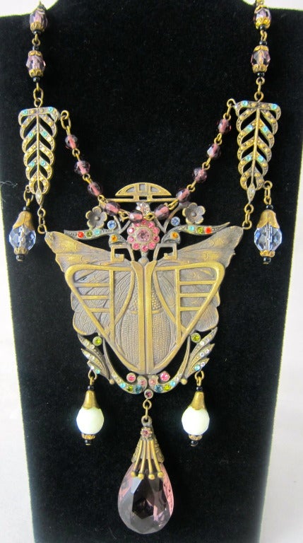 Art Nouveau Mystery of the Moth Amethyst Crystal Multicolor Stones Dangles Necklace  Czech For Sale 2