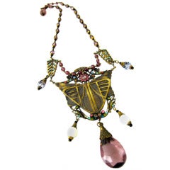Art Nouveau Mystery of the Moth Amethyst Crystal Multicolor Stones Dangles Necklace  Czech