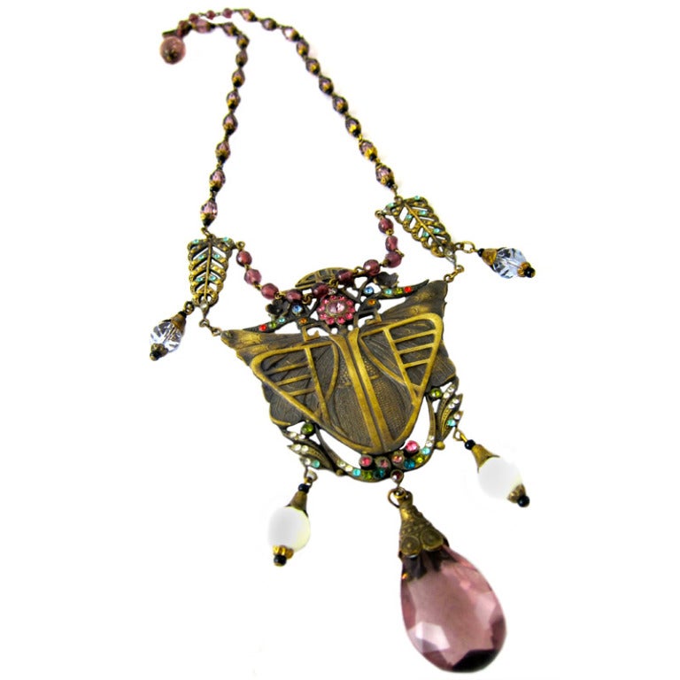 Art Nouveau Mystery of the Moth Amethyst Crystal Multicolor Stones Dangles Necklace  Czech For Sale