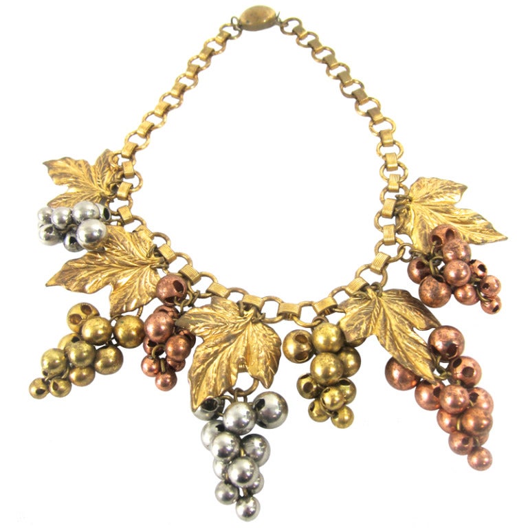1940s  Wine Country Gold Silver Copper Grapes & Leaves Book Chain Necklace For Sale