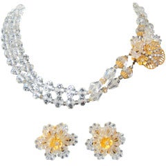 1950s Miriam Haskell Double Crystal Gold Rhinestone Necklace w Earrings