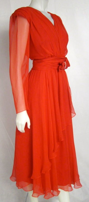 Vintage Red Flowing Chiffon Sheer Long Sleeves Rhinestone Bow Party Dress For Sale 1