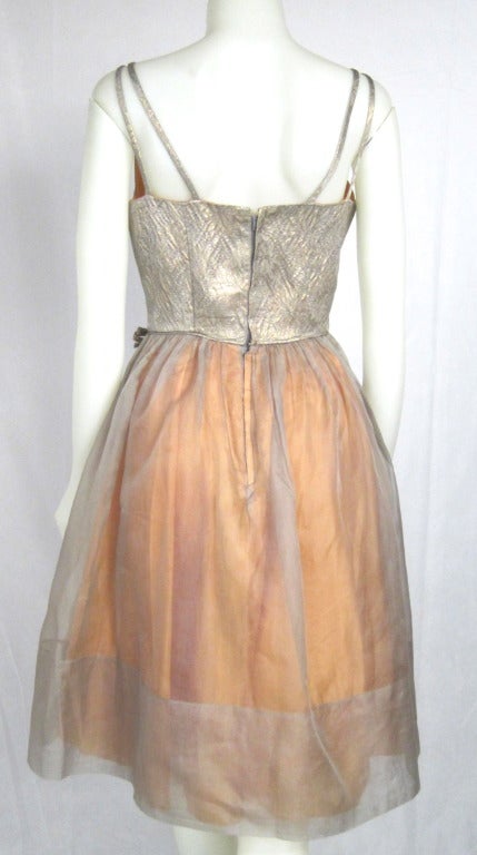 1960s Golden Brocade  Nude Organza & Orange Cocktail Party Dress. For Sale 2