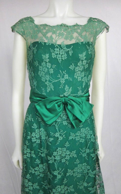 1960s Malcolm Starr Green Illusion  Lace Satin Bow Long  Formal Dress- In Good Condition For Sale In San Francisco, CA
