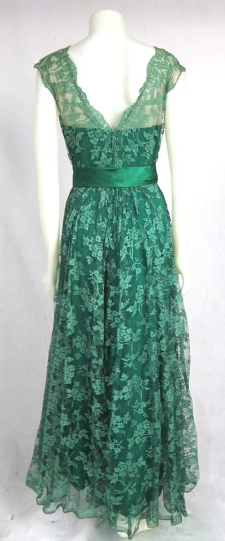 Women's 1960s Malcolm Starr Green Illusion  Lace Satin Bow Long  Formal Dress- For Sale