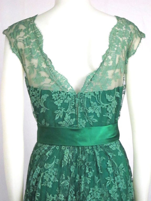 1960s Malcolm Starr Green Illusion  Lace Satin Bow Long  Formal Dress- For Sale 1