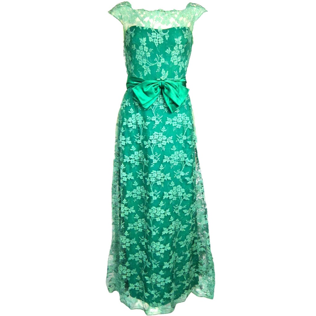 1960s Malcolm Starr Green Illusion  Lace Satin Bow Long  Formal Dress- For Sale
