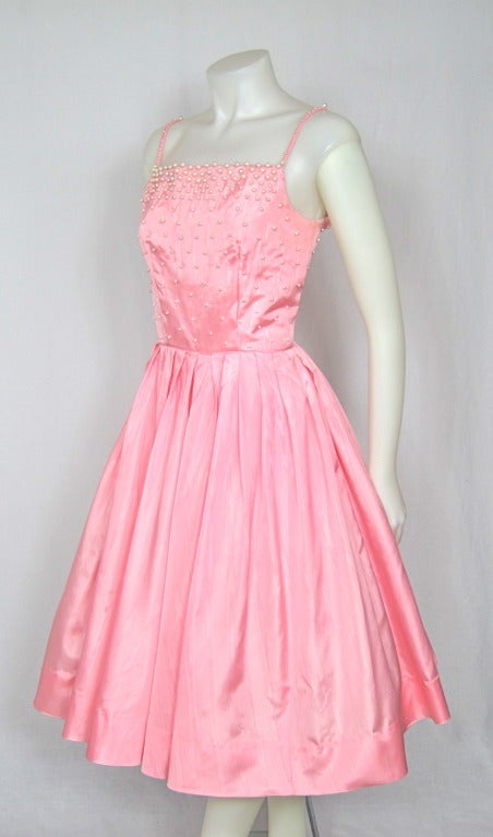 Women's 1950s Style Victor Costa Pink Morie Pearl Beaded  Party Wedding Dress For Sale