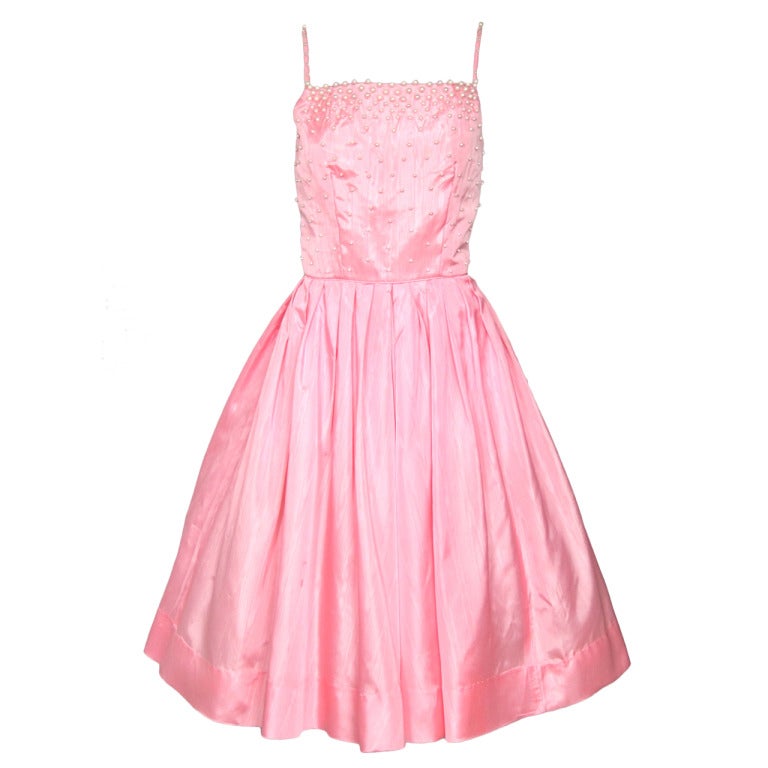 1950s Style Victor Costa Pink Morie Pearl Beaded  Party Wedding Dress For Sale