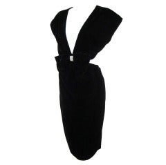 Vintage Plunge Neckine Backless Black Velvet Dress-Bow w Rhinestones