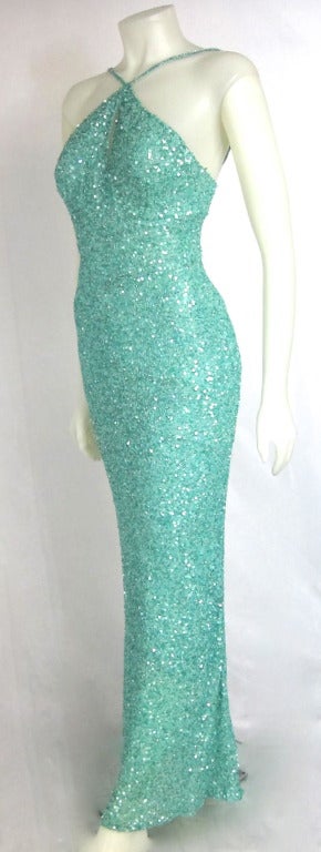Sparkling Aquamarine Seafoam Beaded Dress w Low Back. In Excellent Condition For Sale In San Francisco, CA
