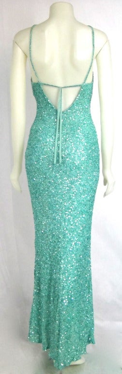 Women's Sparkling Aquamarine Seafoam Beaded Dress w Low Back. For Sale