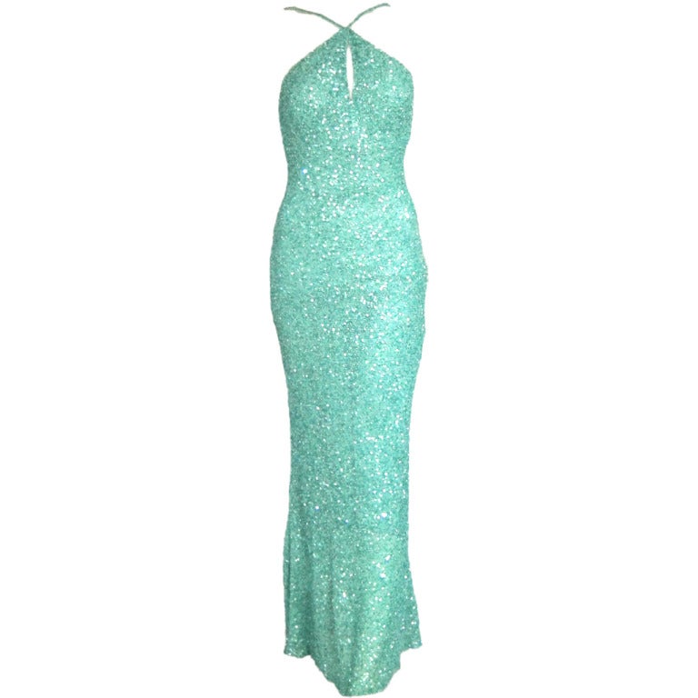 Sparkling Aquamarine Seafoam Beaded Dress w Low Back. For Sale