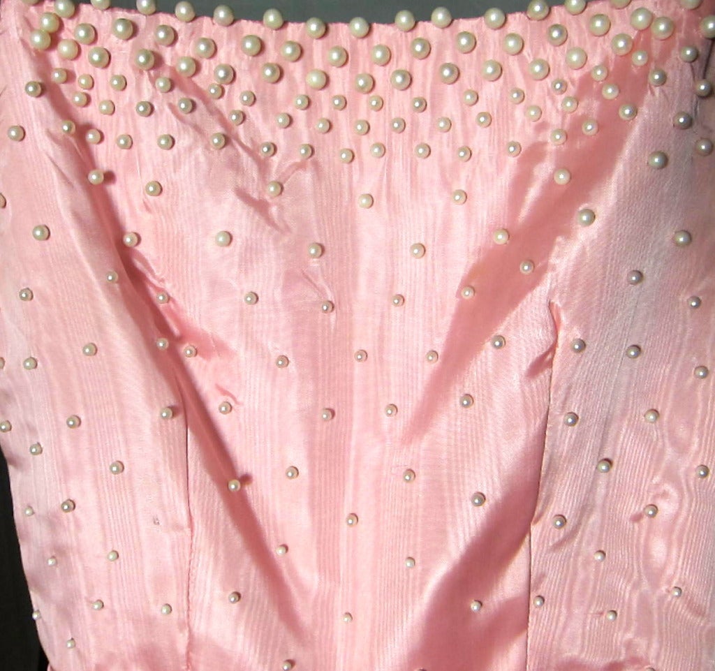 1950s Style Victor Costa Pink Morie Pearl Beaded  Party Wedding Dress For Sale 1