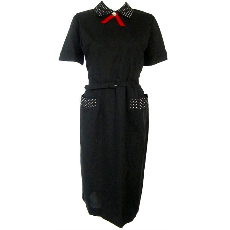 1950 Black Cotton "Lucy" Dress Polka Dot Collar Pockets Red Bow Dress For Sale