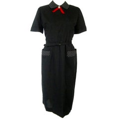 1950 Black Cotton "Lucy" Dress Polka Dot Collar Pockets Red Bow Dress