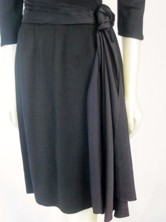 Women's 1960s Mad Men Era Black Dress with Satin Side Sash  3/4 Length Sleeves For Sale