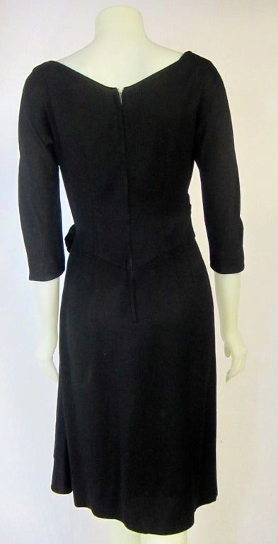 1960s Mad Men Era Black Dress with Satin Side Sash  3/4 Length Sleeves For Sale 1