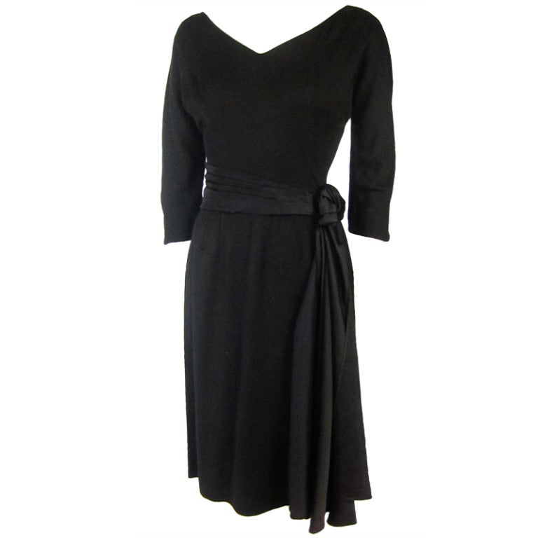 1960s Mad Men Era Black Dress with Satin Side Sash  3/4 Length Sleeves For Sale