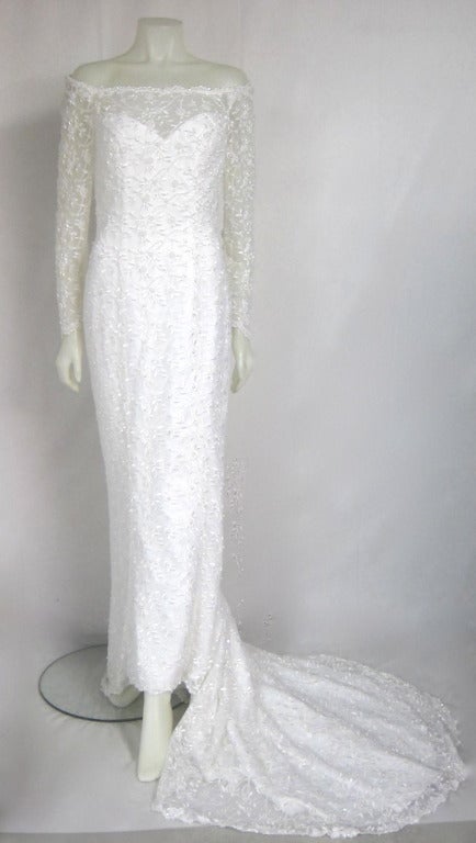 Oleg Cassini White Sheer Floral & Pearls Off Shoulder Train Wedding Dress In Excellent Condition For Sale In San Francisco, CA