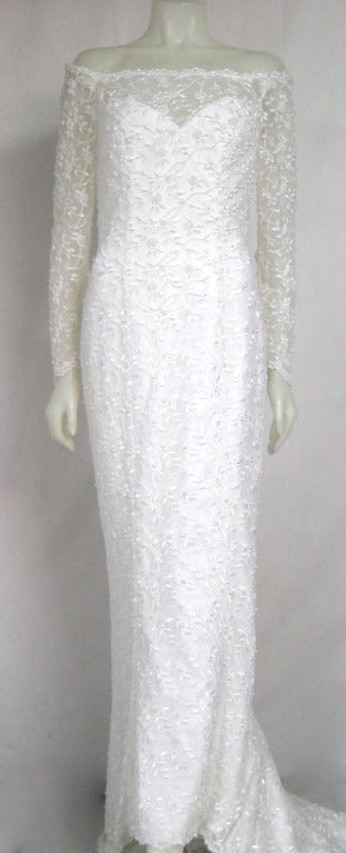 Women's Oleg Cassini White Sheer Floral & Pearls Off Shoulder Train Wedding Dress For Sale