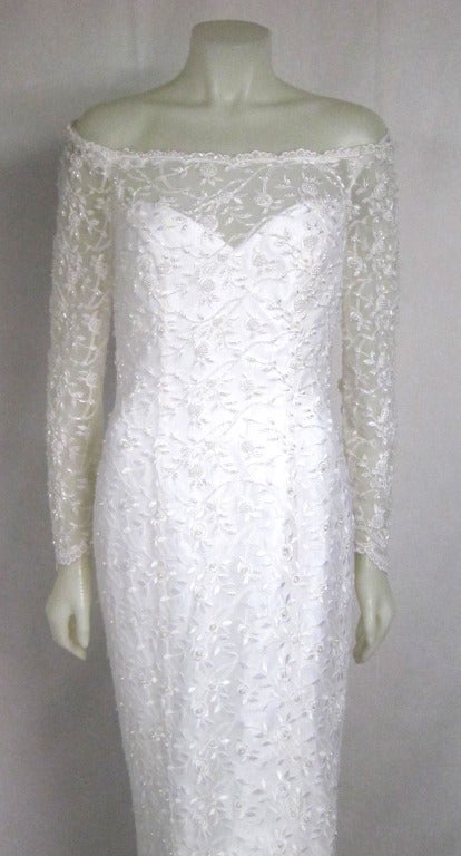 Oleg Cassini White Sheer Floral & Pearls Off Shoulder Train Wedding Dress For Sale 1