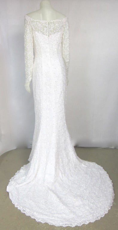 Oleg Cassini White Sheer Floral & Pearls Off Shoulder Train Wedding Dress For Sale 2
