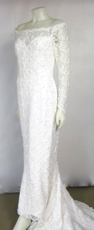 Oleg Cassini White Sheer Floral & Pearls Off Shoulder Train Wedding Dress For Sale 4