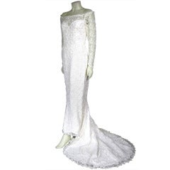 Oleg Cassini White Sheer Floral & Pearls Off Shoulder Train Wedding Dress