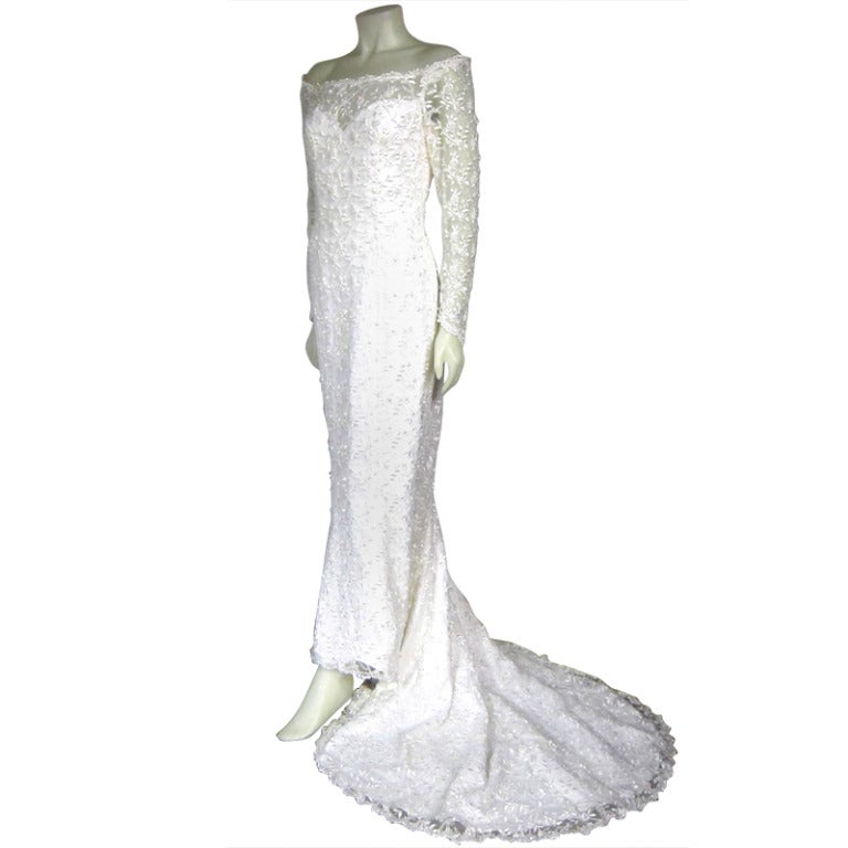 Oleg Cassini White Sheer Floral & Pearls Off Shoulder Train Wedding Dress For Sale