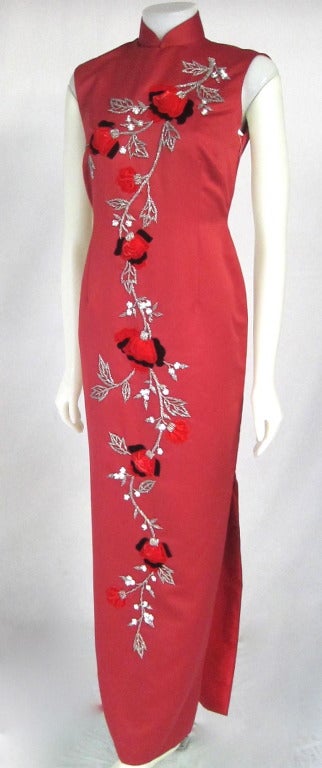 Happy New Year! Year of the horse! Dazzle your year with  Red Tufted Roses, Silver sequins and beads Cheongsam Long Dress. It has a zipper and the typical neck snaps hook. Gorgeous dress for the celebration! 

Bust:   36