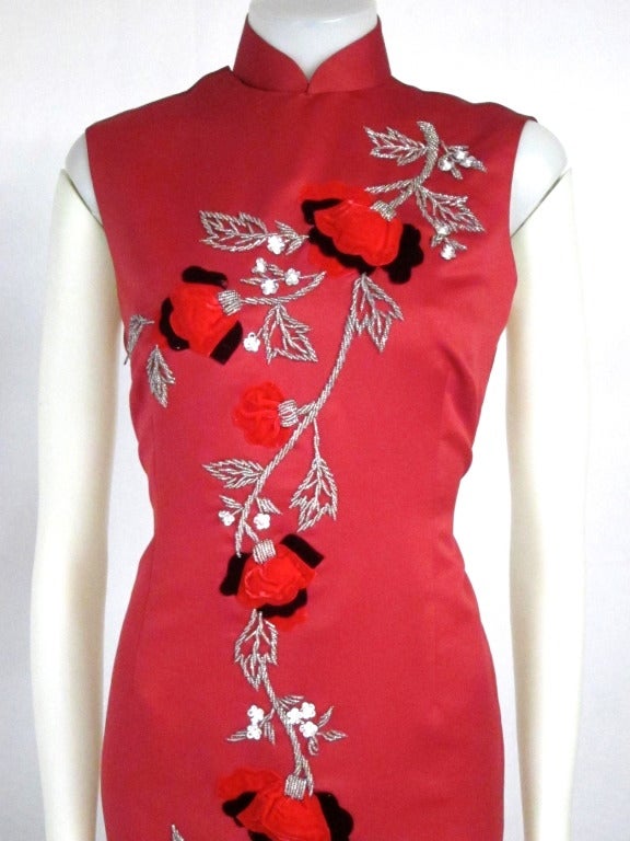 Women's 1960s Asian Red Tufted Velvet Roses Silver Sequins Cheongsam Long Dress For Sale