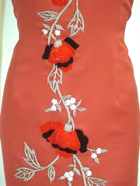 1960s Asian Red Tufted Velvet Roses Silver Sequins Cheongsam Long Dress For Sale 1