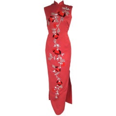 1960s Asian Red Tufted Velvet Roses Silver Sequins Cheongsam Long Dress