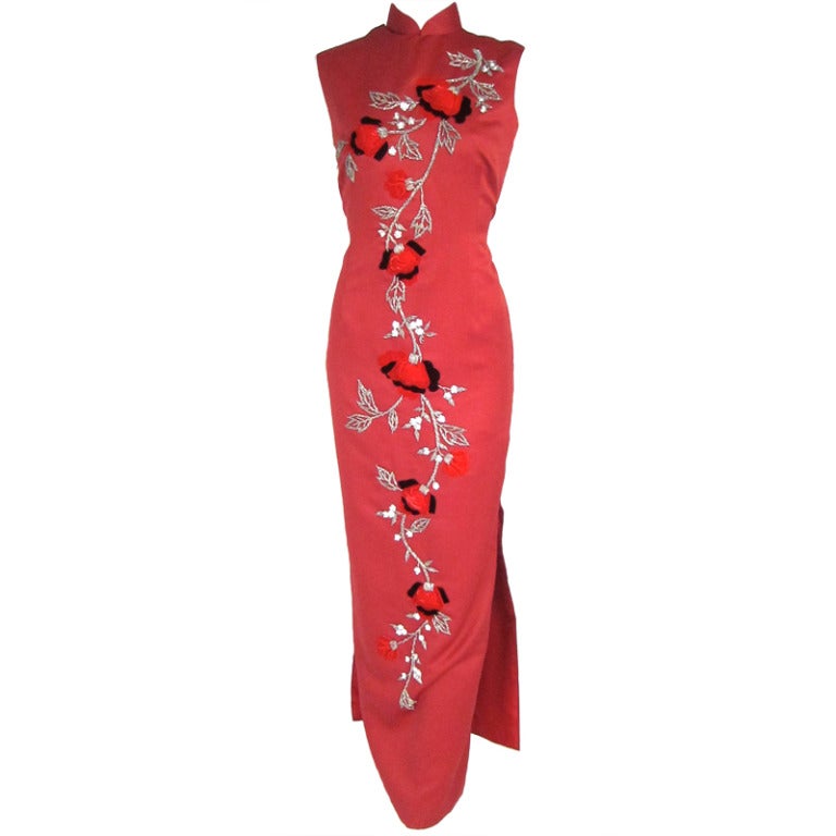 1960s Asian Red Tufted Velvet Roses Silver Sequins Cheongsam Long Dress For Sale