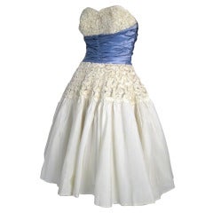 195Os Strapless Ivory Ribbon Work Lavender Satin Waist Party Prom  Wedding Dress