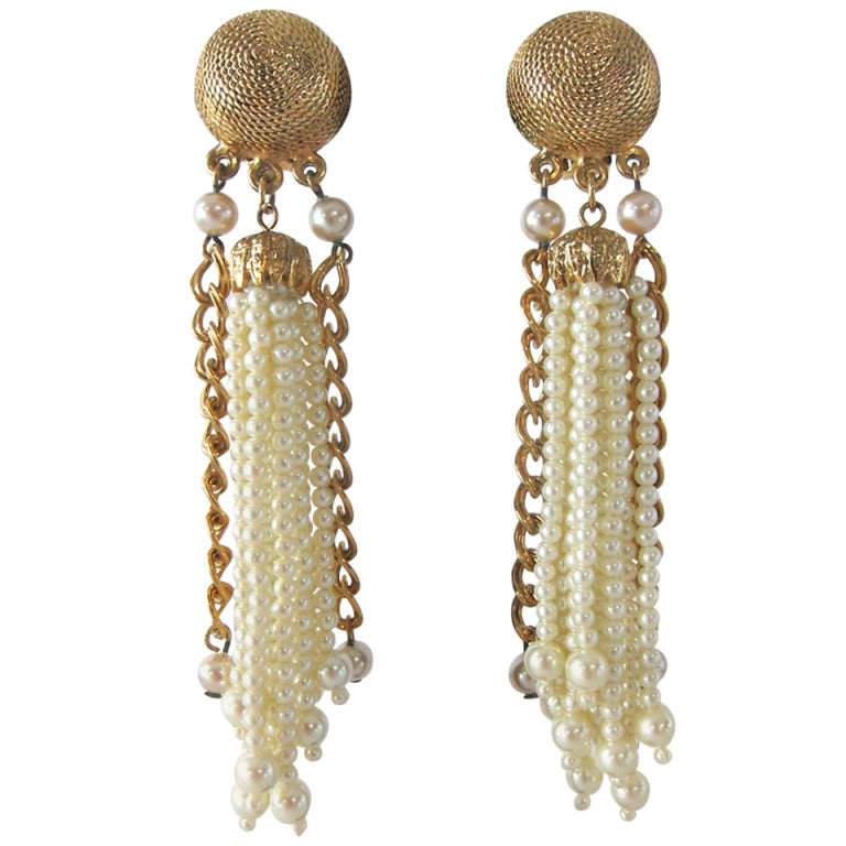 Vintage Multi Strand Faux Pearl and Gold Shoulder Duster Earrings at 1stdibs