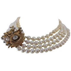 Miriam Haskell Unsigned Multi Strand Faux Pearl  Ornate Gold floral & Rhinestone Converter Brooch Necklace