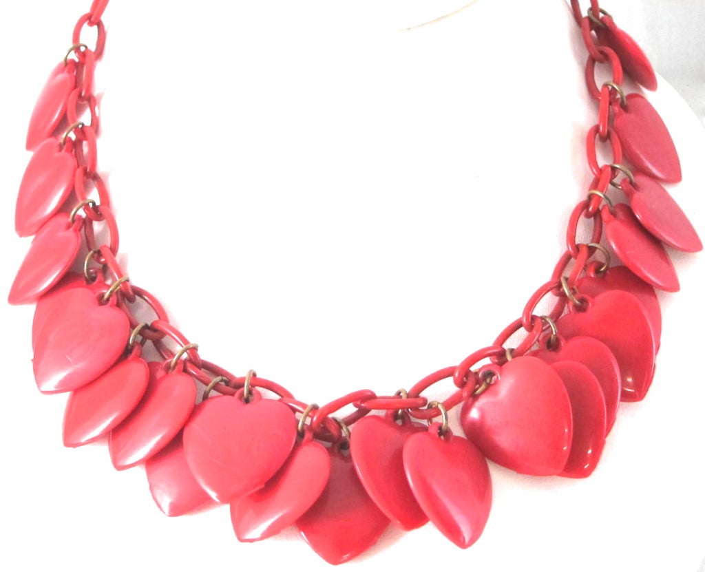 1930s 40s I love you necklace - Many Many thermostat red hearts on red chain hook closure.