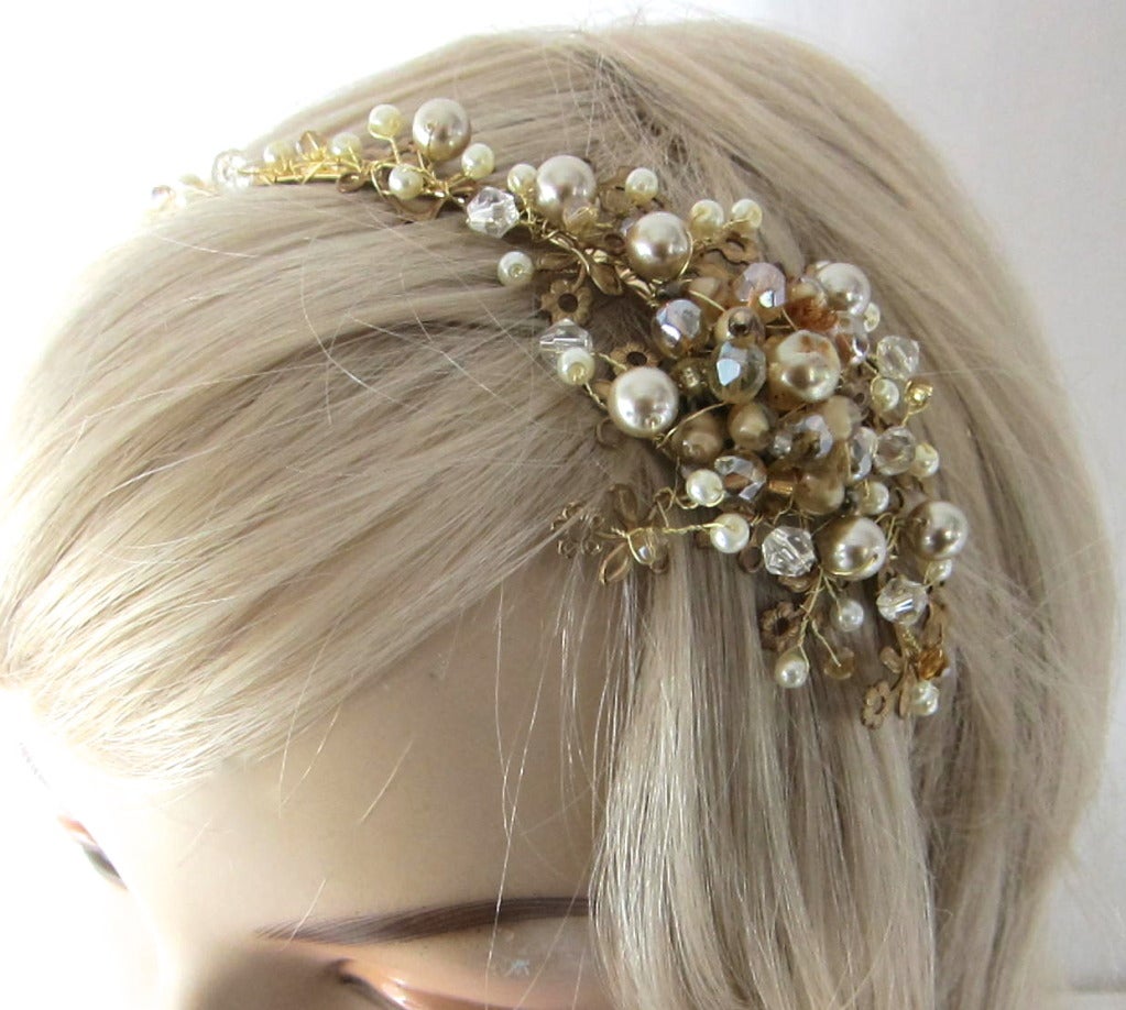 Baroque Gold Pearls & Clear Beads Hand Wired Bridal Headband In New Condition For Sale In San Francisco, CA